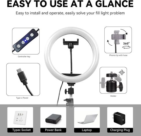 USB 10.2 inch LED Ring Live Fill Light That 74 inch Tall, Adjustable Color and Brightness, with Stand and Hose Phone Clip, You can take Photos, Record Video, Live Broadcast and so on (R10D10) in Saudi Arabia