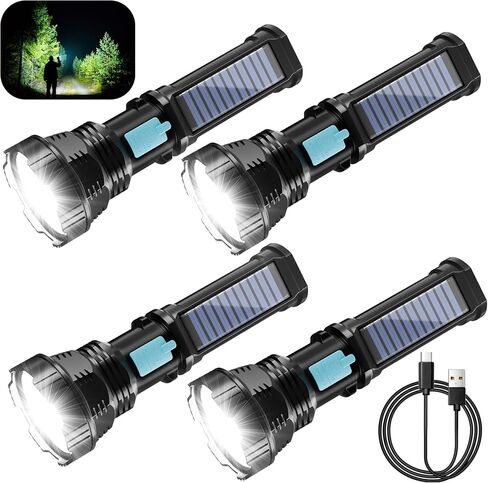 مصباح يدوي LED بالطاقة الشمسية/قابل لإعادة الشحن، 2 حزمة، 4 أوضاع مصابيح يدوية متعددة الوظائف لومن عالي مع بطارية 2000 مللي أمبير في الساعة، ضوء ستروب للطوارئ، مقاوم للماء، شحن USB للمنزل وحالات الطوارئ والتخييم in Saudi Arabia
