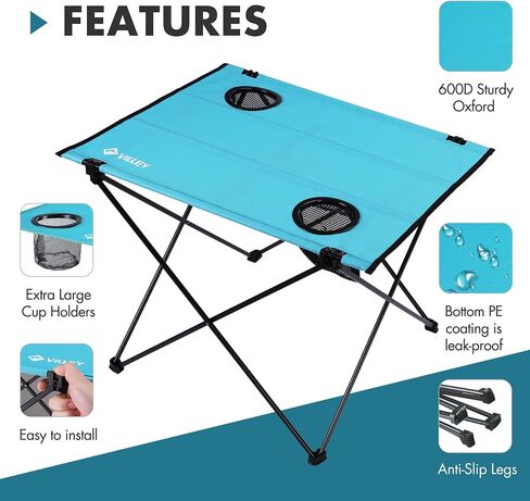 VILLEY Folding Camping Table, Portable Camping Table with 2 Cup Holders & Carry Bag for Camping, Picnic, Beach, Fishing, Travel and Outdoor Activities in Saudi Arabia