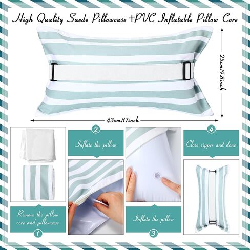 وسادة الشاطئ القابلة للنفخ مقاس 17 بوصة × 10 بوصة وسادة الشاطئ مع غطاء قابل للإزالة، وسادة كرسي الشاطئ مع وسادة شريطية لظهر الشاطئ لفصل الصيف وحمامات السباحة الرملية والسفر in Kuwait