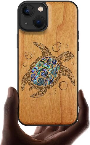 Carveit Designer حالة وقائية خشبية لغطاء الحالة المغناطيسي لـ iPhone 13 [نقش الخشب وتنقيح القذيفة] علبة الهاتف الخشبية متوافقة مع iPhone 13 Magsafe Case 6.1 بوصة (Sea Turtle-Blackwood) in Kuwait