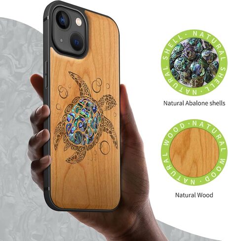 Carveit Designer حالة وقائية خشبية لغطاء الحالة المغناطيسي لـ iPhone 13 [نقش الخشب وتنقيح القذيفة] علبة الهاتف الخشبية متوافقة مع iPhone 13 Magsafe Case 6.1 بوصة (Sea Turtle-Blackwood) in Kuwait