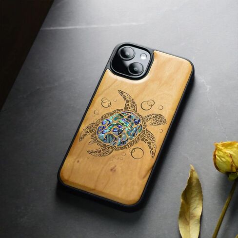 Carveit Designer حالة وقائية خشبية لغطاء الحالة المغناطيسي لـ iPhone 13 [نقش الخشب وتنقيح القذيفة] علبة الهاتف الخشبية متوافقة مع iPhone 13 Magsafe Case 6.1 بوصة (Sea Turtle-Blackwood) in Kuwait