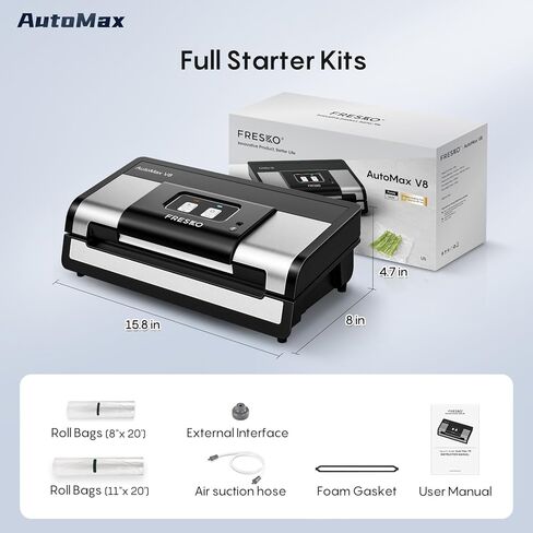 ماكينة ختم الطعام الأوتوماتيكية بالكامل من فريسكو، 140 واط، ماكينة حفظ الطعام بدون استخدام اليدين مع حقيبة ذكية، كشف الطعام الجاف/الرطب، كيس 2 رول، قطاعة مدمجة وتخزين الحقائب (AutoMax V8) in Kuwait