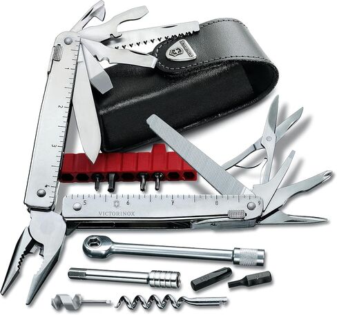 أداة Victorinox Swiss Tool Spirit X المتعددة، 24 وظيفة سويسرية مصنوعة من شفرة قفل وكماشة طويلة الأنف، بما في ذلك. حقيبة جلدية - فضي in Kuwait