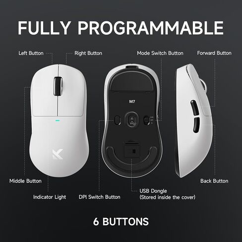 M7 Pro Wireless Gaming Mouse, 8K Polling, 55g Lightweight Ergonomic Computer Mouse PAW3395 Optical Sensor 650 IPS, 26000 DPI, 6 Programmable Controls USB-C 3-Modes PC/Mac White in Kuwait