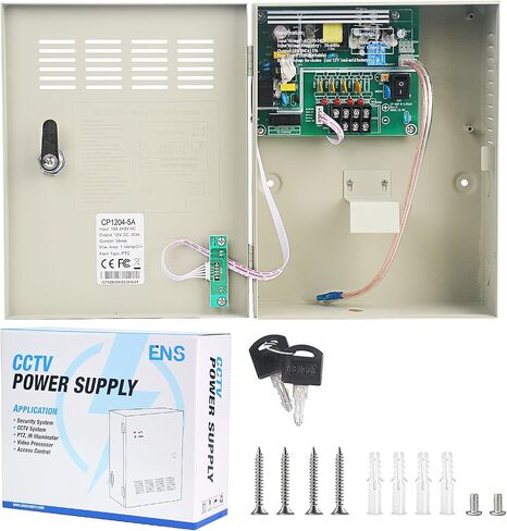 ENS 4 Channel CCTV Distributed Power Supply Box for Security Camera - 4 Ports 5A 12V DC Output - PTC Fuse- Regulated and Filtered - Surge Protected - Key Lock - Designed for Surveillance DVR System in Saudi Arabia