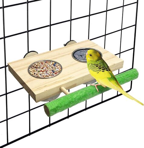 Tfwadmx Bird Feeding Dish Cups with Wooden Platform Hanging Stainless Steel Parrot Cage Feeder Bowl Wood Perch Stand for Parakeet Cockatiels Lovebirds Budgie (Small) in Saudi Arabia