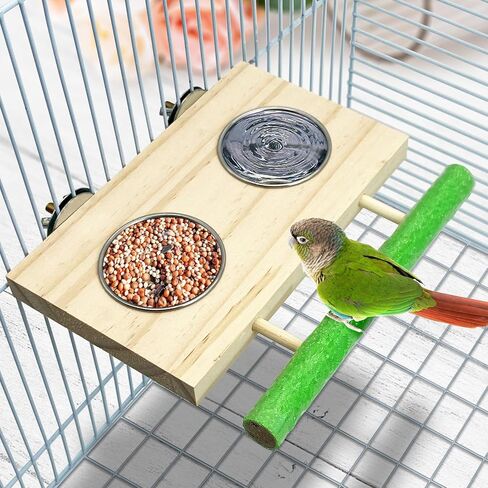 Tfwadmx Bird Feeding Dish Cups with Wooden Platform Hanging Stainless Steel Parrot Cage Feeder Bowl Wood Perch Stand for Parakeet Cockatiels Lovebirds Budgie (Small) in Saudi Arabia