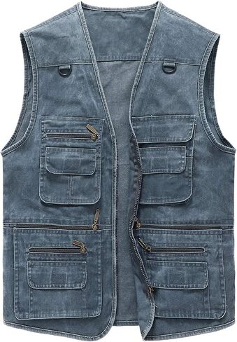 Hbufnha Men's Denim Vest Outdoor Casual Multi Pocket Sleeveless Jacket Jean Work Travel Utility Vest in Kuwait