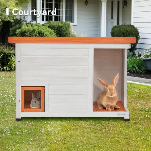 Petsfit Cat House Outdoor Weatherproof for 1-2 Cats, Sizing 34" Lx18 Wx23 H,Wooden Outside Cat House with Corrido and Escape Door White in Kuwait