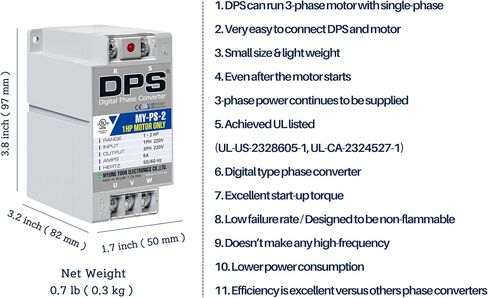 يجب استخدام طور DPS Sinlge إلى محول الطور 3 ، 2HP ، 6A ، الإدخال/الإخراج 200V-240V My-PS-2 لمحرك 3A (0.75 كيلو وات) 3A ، يجب استخدام DPS لمحرك واحد فقط ، المدرجة في UL in Kuwait