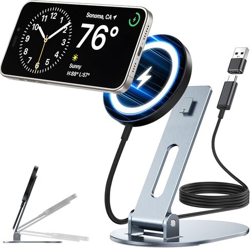 Magnetic Wireless Charger Stand for Mag-Safe Charger, 15W Max Foldable Wireless Charging Stand Made for iPhone 16/15/14/13/12 Series,Fast Mag Safe Charging Pad for AirPods Pro 3 2 (Black) in Kuwait