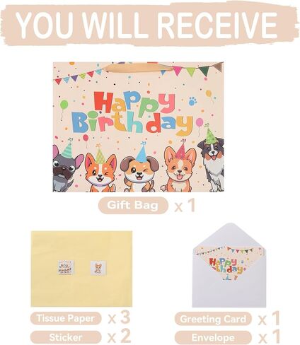 13" Large Dog Happy Birthday Gift Bag Set with Handles, Greeting Card, Tissue Papers and Stickers for Girl Boy Kid Women Men, Cream Puppy Design, 1 Pcs in Saudi Arabia