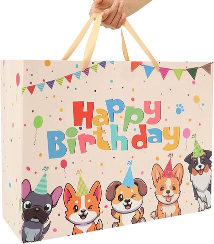 13" Large Dog Happy Birthday Gift Bag Set with Handles, Greeting Card, Tissue Papers and Stickers for Girl Boy Kid Women Men, Cream Puppy Design, 1 Pcs in Saudi Arabia