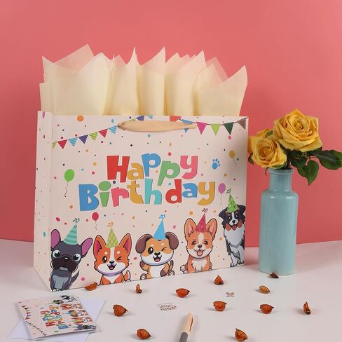 13" Large Dog Happy Birthday Gift Bag Set with Handles, Greeting Card, Tissue Papers and Stickers for Girl Boy Kid Women Men, Cream Puppy Design, 1 Pcs in Saudi Arabia
