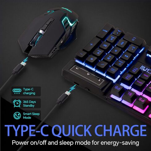 CHONCHOW Wireless Keyboard and Mouse Combo - 2.4G Rechargeable USB Wireless Rainbow LED Backlit Gaming Keyboard,Anti-ghosting Multimedia Keys Mechanical Feel for PC Laptops PS Xbox in Saudi Arabia