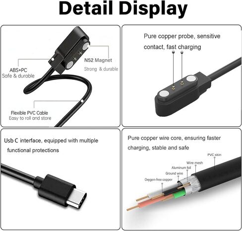 2Pack Chargers for GloryFit Smart Watch [Pin Spacing 4mm] USB-C Magnetic Charging Cable for Puqo T80, CASCHO T70/P98, Matast T60/P99, uaue T60/T50, Tikland T60/P98 and More（Type-C in Kuwait