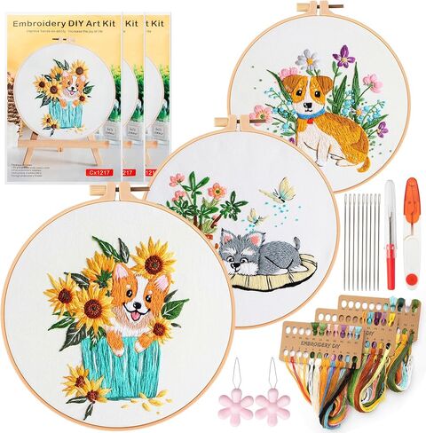 XSYXSLYT 3 Pack Embroidery Starter Kit with Pattern,Rabbit,Hedgehog,Giraffe,Animal Cross-Stitch Set,Women DIY Sewing Hobby,Embroidery DIY Art Kit, 2 Embroidery Hoop,Needlepoint Kits for Adults in Saudi Arabia