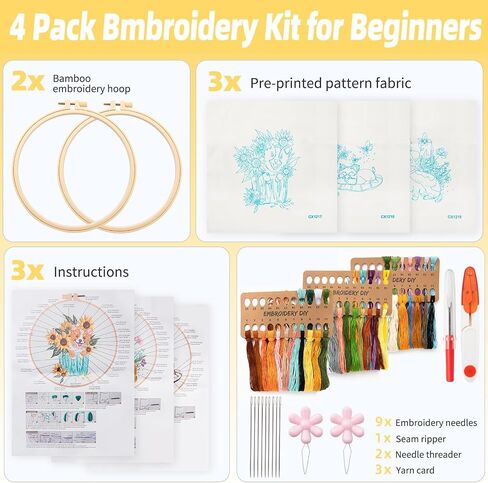 XSYXSLYT 3 Pack Embroidery Starter Kit with Pattern,Rabbit,Hedgehog,Giraffe,Animal Cross-Stitch Set,Women DIY Sewing Hobby,Embroidery DIY Art Kit, 2 Embroidery Hoop,Needlepoint Kits for Adults in Saudi Arabia