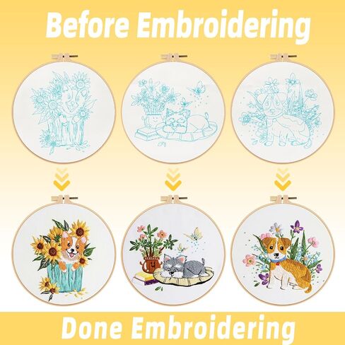 XSYXSLYT 3 Pack Embroidery Starter Kit with Pattern,Rabbit,Hedgehog,Giraffe,Animal Cross-Stitch Set,Women DIY Sewing Hobby,Embroidery DIY Art Kit, 2 Embroidery Hoop,Needlepoint Kits for Adults in Saudi Arabia