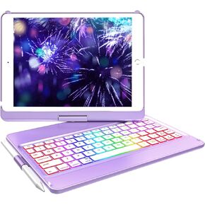 حافظة لوحة المفاتيح MMK® لجهاز iPad 10.2 بوصة الجيل التاسع 2021، iPad الجيل الثامن 2020، iPad الجيل السابع 2019، 10 ألوان خلفية بإضاءة خلفية 360 قابلة للتدوير وقابلة للفصل وغطاء لوحة مفاتيح بلوتوث لاسلكي
