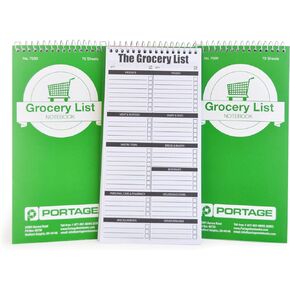 Portage Grocery List Notepad – Spiral Top Shopping List Pad with Lined Paper & Checklist for Shopping, 4 x 8 Inches, 140 Pages, 70 Sheets (Pack of 3)