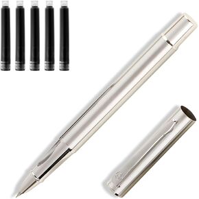 Fountain Pen Set, Extra Fine Nib, Includes Ink Cartridges & Converter, Smooth Writing Metal Water Pen with Gift Case - Silver