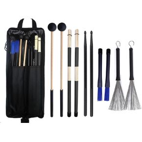 Drumstick Bag with Floor Tom Hooks Includ 5 Pairs Drum Sticks Mallets Brushes Set Percussion Instrument Accessories for Kids Adults Drummer Practice Black