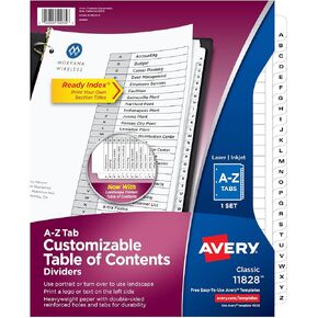 Avery A-Z 26 Tab Dividers for 3 Ring Binders, Customizable Table of Contents, Classic White Tabs, 1 Set (11828)