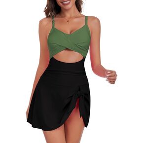 ZAFUL Women One Piece Swimdress Tummy Control Bathing Suit Push Up Swimsuit Modest Swimwear Cutout V Neck Cute Tie Knot Skirt