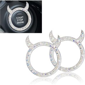 Bling Crystal Car Engine Start Stop Decoration Ring, 2 PCS Little Devil Sparkly Rings for Auto Decor, Rhinestone Push Start Button Stickers Rings, Auto Interior Decorative Accessories (Pink)