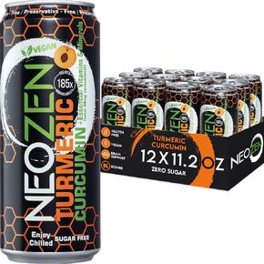 NEOZEN Turmeric Curcumin Sparkling Drink - Peach Flavor Natural Sport Beverage - Zero Sugar, Gluten-Free, Caffeine-Free, Low Calorie, Vegan & Keto Friendly, 11.2 fl oz (12 Pack) in Saudi Arabia