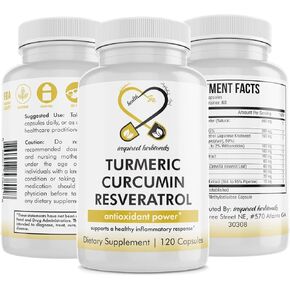 الكركم الكركمين ريسفيراترول مكمل غذائي، خصائص مضادة للأكسدة، يدعم الالتهاب الجيد والجهاز المناعي، 120 كبسولة نباتية in Kuwait