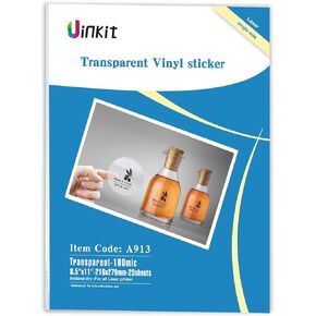 Uinkit Printable Clear Sticker Waterproof Transparency Vinyl Sticker Only For Laser Printer -100% Transparent 20 Sheets 8.5x11inch Full sheet Labels for Personalized Labels, custom artwork