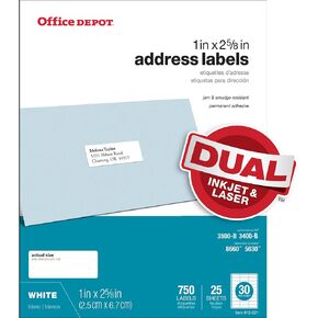 Office Depot White Inkjet/Laser Address Labels, 1in. x 2 5/8in., Pack of 750, 505-O004-0003