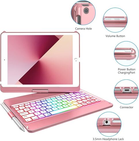 حافظة لوحة المفاتيح MMK® لجهاز iPad 10.2 بوصة الجيل التاسع 2021، iPad الجيل الثامن 2020، iPad الجيل السابع 2019، 10 ألوان خلفية بإضاءة خلفية 360 قابلة للتدوير وقابلة للفصل وغطاء لوحة مفاتيح بلوتوث لاسلكي in Saudi Arabia