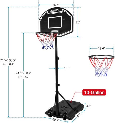 ONETWOFIT Portable Basketball Hoop, Height Adjustable Outdoor Basketball Goal for Kids w/Impact Backboard 2 Wheels Fillable Base in Saudi Arabia