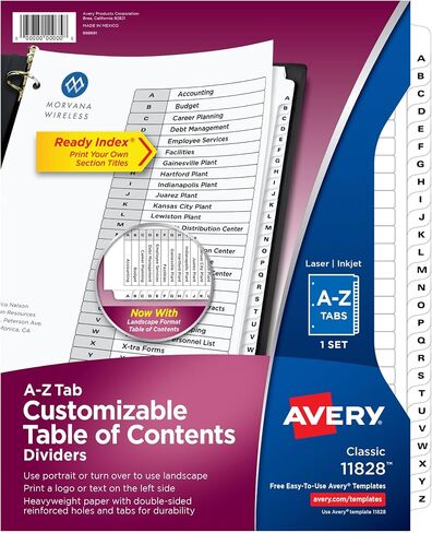 Avery A-Z 26 فواصل علامات التبويب لـ 3 مجلدات حلقية، جدول محتويات قابل للتخصيص، علامات تبويب بيضاء كلاسيكية، مجموعة واحدة (11828) in Kuwait