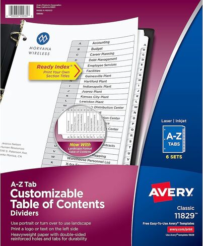 Avery A-Z 26 فواصل علامات التبويب لـ 3 مجلدات حلقية، جدول محتويات قابل للتخصيص، علامات تبويب بيضاء كلاسيكية، مجموعة واحدة (11828) in Kuwait