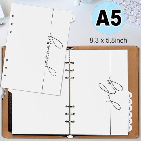 12 فواصل شهرية من Famsoule مع علامة تبويب مؤشر شهرية، وفواصل خزانة الملفات ومنظم المكتب، وبطاقات ورقية ذات 6 فتحات لملفات A5 و6 حلقات (6 فتحات، 8.5 بوصة × 5.5 بوصة) in Kuwait