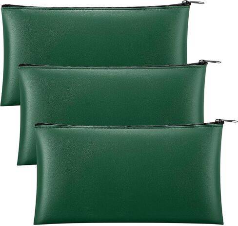3 Pcs Money Bag with Zipper Bank Bag 11 x 6 Inch Security Bank Deposit Bag PU Leather Money Pouch Leatherette Zippered Coin Cash Bag Utility Check Wallet Cosmetic Tool(Green) in Kuwait