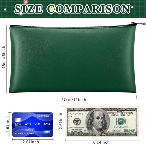 3 Pcs Money Bag with Zipper Bank Bag 11 x 6 Inch Security Bank Deposit Bag PU Leather Money Pouch Leatherette Zippered Coin Cash Bag Utility Check Wallet Cosmetic Tool(Green) in Kuwait