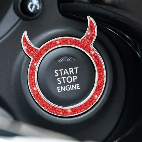 حلقة تزيين لمحرك السيارة من بلينغ كريستال، قطعتان من حلقات الشيطان الصغير اللامعة لديكور السيارات، حلقات ملصقات بزر بدء الضغط على حجر الراين، ملحقات الديكور الداخلي للسيارات (وردي) in Kuwait