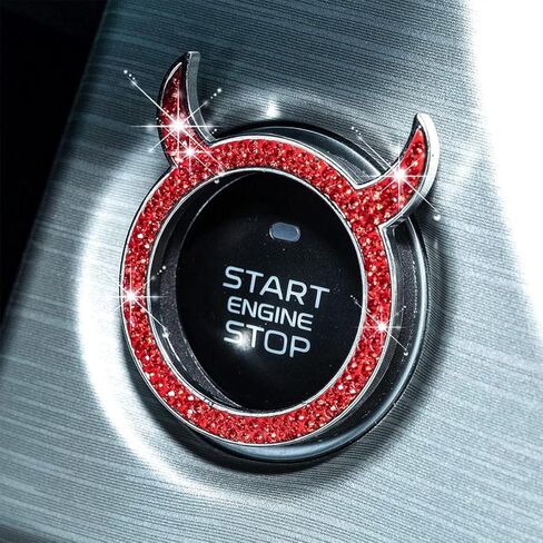 حلقة تزيين لمحرك السيارة من بلينغ كريستال، قطعتان من حلقات الشيطان الصغير اللامعة لديكور السيارات، حلقات ملصقات بزر بدء الضغط على حجر الراين، ملحقات الديكور الداخلي للسيارات (وردي) in Kuwait