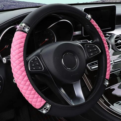 Diamond Leather Steering Wheel Cover for Women Girls, with Bling Bling Crystal Rhinestones, Universal Fit 15 Inch Car Steering Wheel Protector (Black) in Saudi Arabia