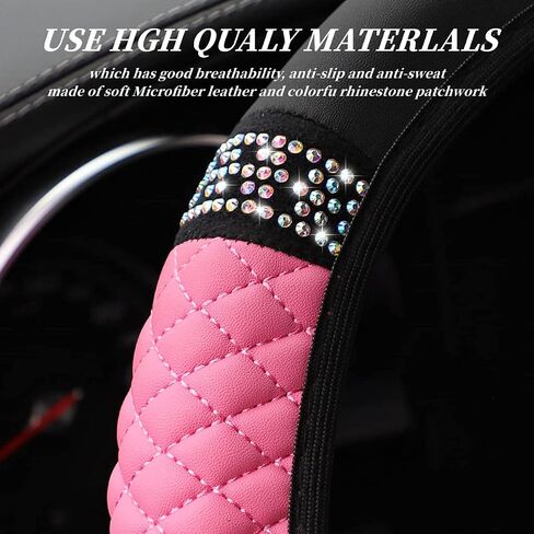 Diamond Leather Steering Wheel Cover for Women Girls, with Bling Bling Crystal Rhinestones, Universal Fit 15 Inch Car Steering Wheel Protector (Black) in Saudi Arabia