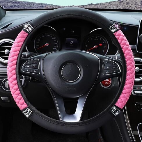 Diamond Leather Steering Wheel Cover for Women Girls, with Bling Bling Crystal Rhinestones, Universal Fit 15 Inch Car Steering Wheel Protector (Black) in Saudi Arabia