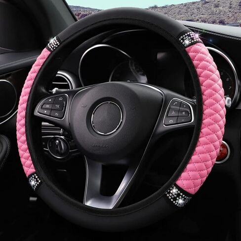 Diamond Leather Steering Wheel Cover for Women Girls, with Bling Bling Crystal Rhinestones, Universal Fit 15 Inch Car Steering Wheel Protector (Black) in Saudi Arabia