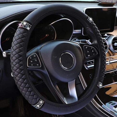 Diamond Leather Steering Wheel Cover for Women Girls, with Bling Bling Crystal Rhinestones, Universal Fit 15 Inch Car Steering Wheel Protector (Black) in Saudi Arabia